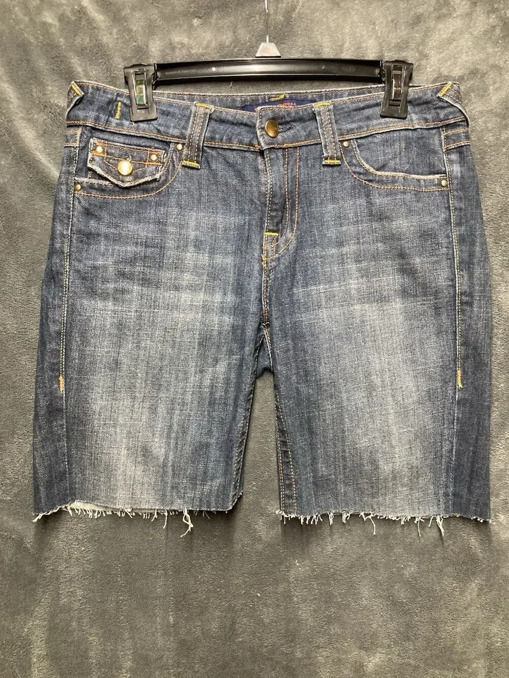 Y2K Visgoss U.S.A. Premium Denim Shorts Mid-Rise Cut-Off Raw Edge Studded 9/10